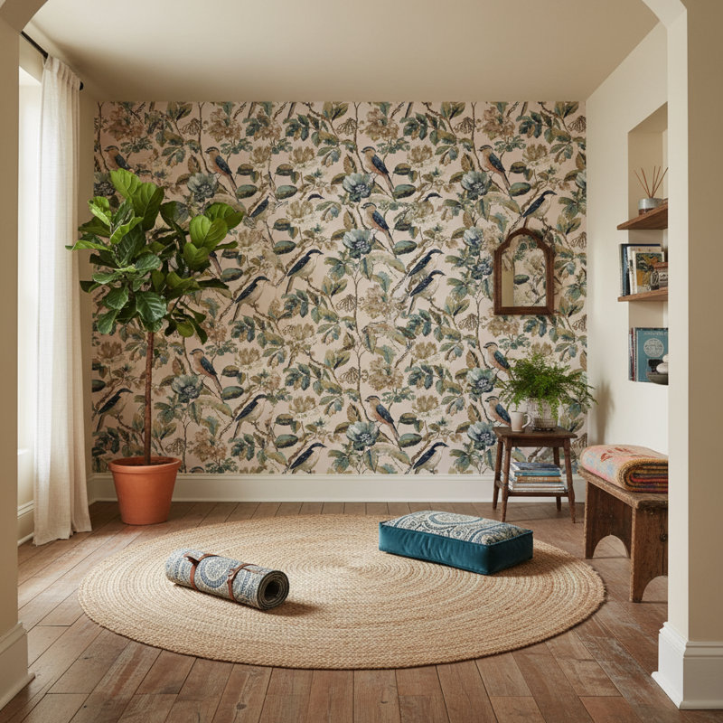 Murale oiseaux traditionnels avec papier peint traditionnel