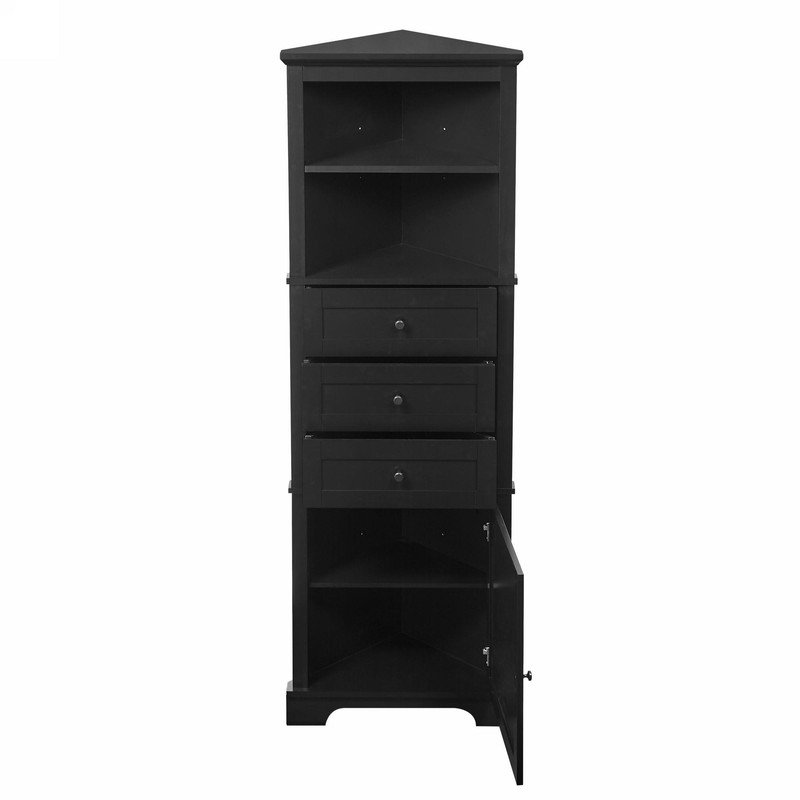 Triangle Tall Cabinet with 3 Drawers and Adjustable Shelves, Black