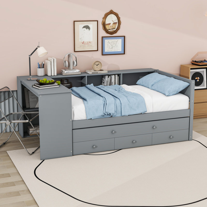 Lit de jour en bois avec tablettes et bureau et 2 tiroirs, Gris, Lit simple