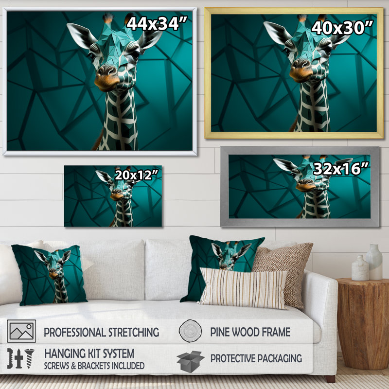 Girafe verte cubiste Grace II, H 34 po x l 44 po x P 1,5 po, Cadre doré simple