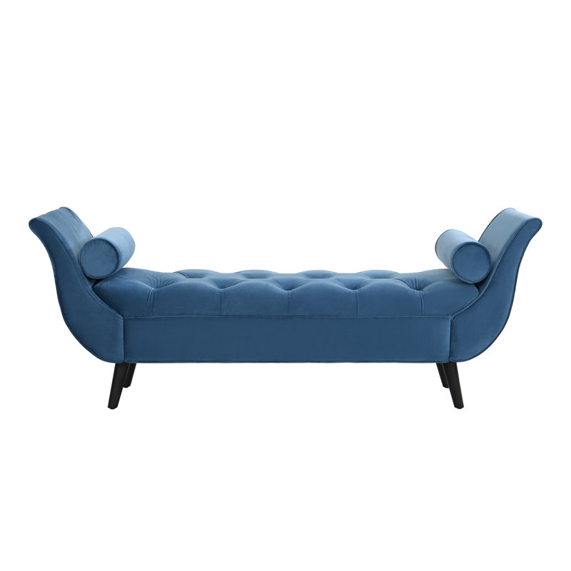 Banc de lit rembourré en velours avec 2 coussins, bleu, Blue, Dark Brown Wood