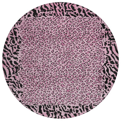 8' Pink Round Animal Print Washable Indoor Outdoor Area Rug
