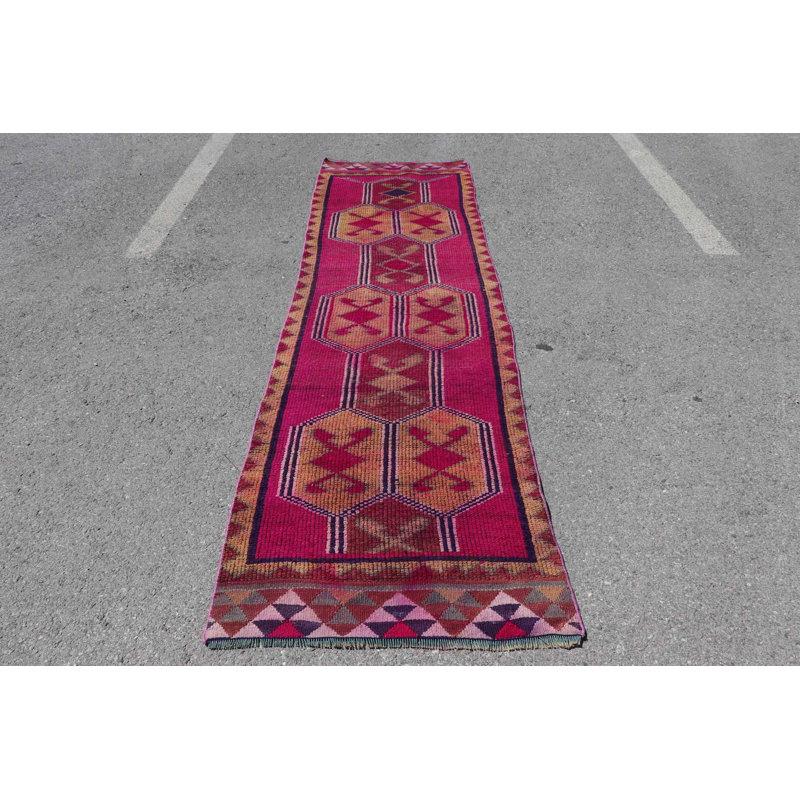 Tapis turc Herki tissé à la main de style rétro antique pour le couloir et la cuisine en rose vif