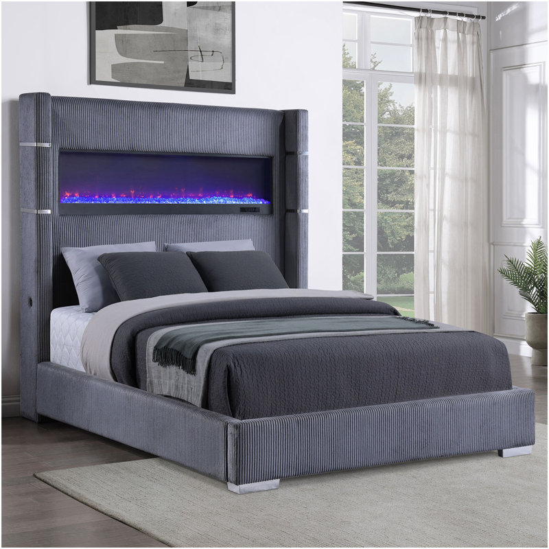 Grand lit tapissier gris Haven, Gris, Grand lit