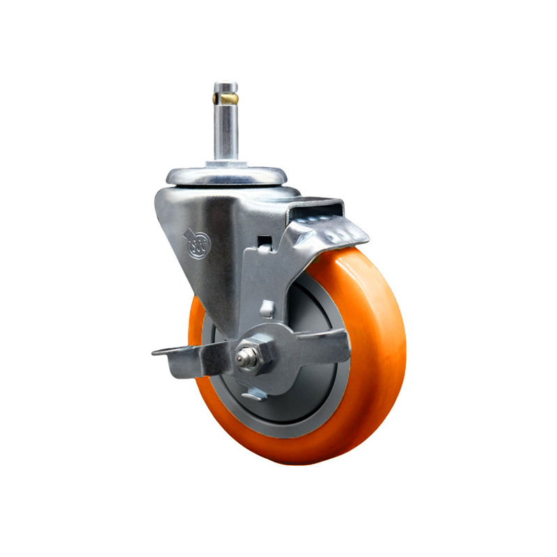 Roulettes pivotantes à 4 po en polyuréthane avec anneaux de préhension 7/16 po avec frein, Orange