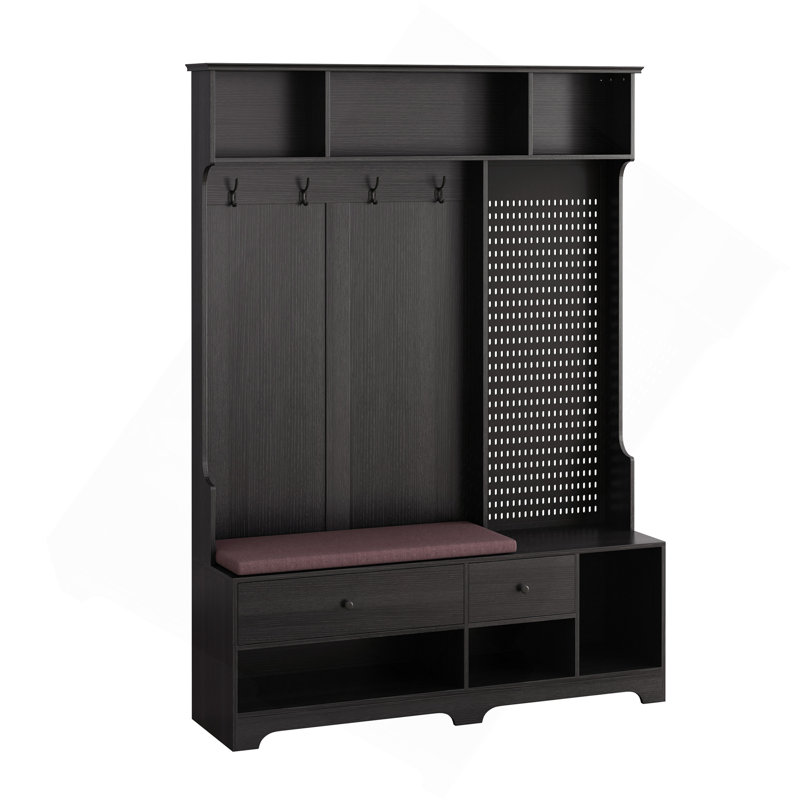 Arbre d'entrée polyvalent avec banc d'entrée en lin amovible, portemanteau, tablettes de rangement et panneau perforé pour le couloir, pour le couloir, le salon, noir