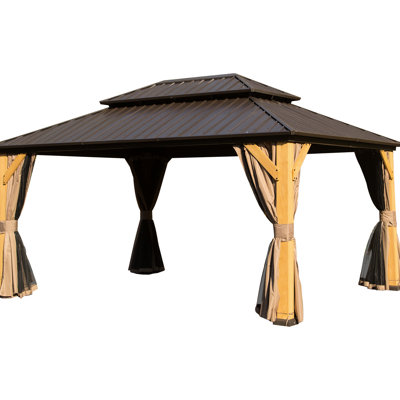 Pavillon de jardin extérieur en bois avec toit en acier galvanisé, filet pour terrasse, patio, cour arrière, coordination de pelouse 10 x 14 pi en bois, événements spacieux,