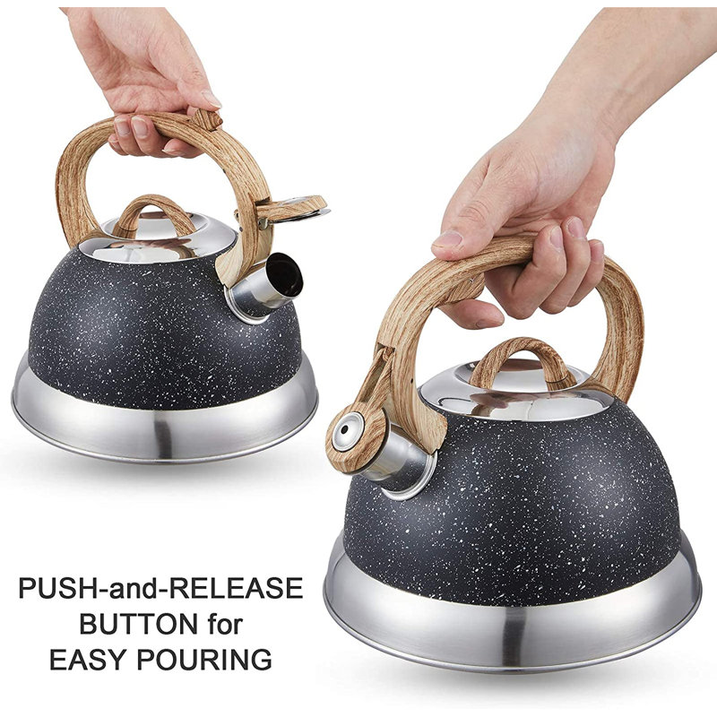 2.3 Quart Black Stainless Steel Whistling Tea Kettle with Wood Handle
