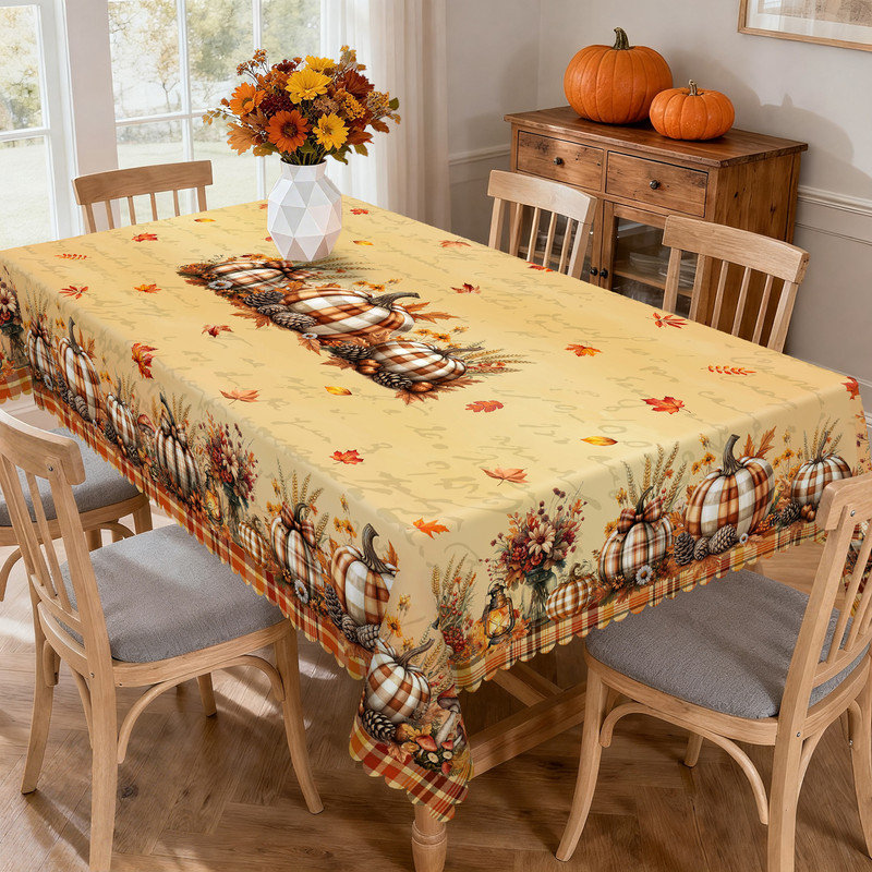 Machine-washable yellow tablecloth with maple leaf and pumpkin patterns for a warm, cozy atmosphere, 70.8" L x 55.12" W