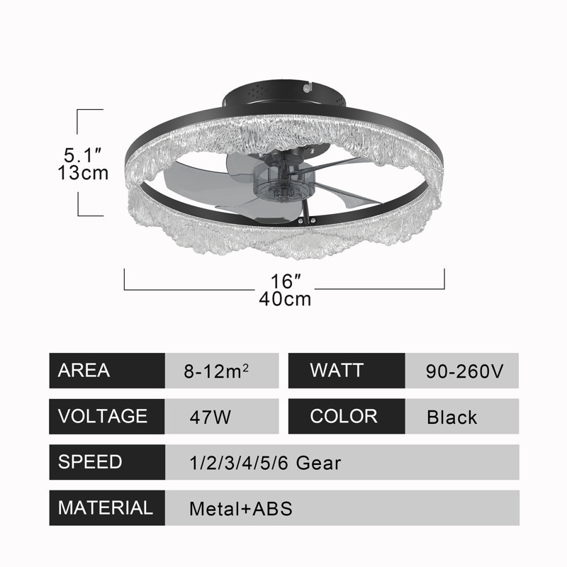 Ventilateur de plafond moderne en cristal noir avec lumière et télécommande, température de couleur réglable