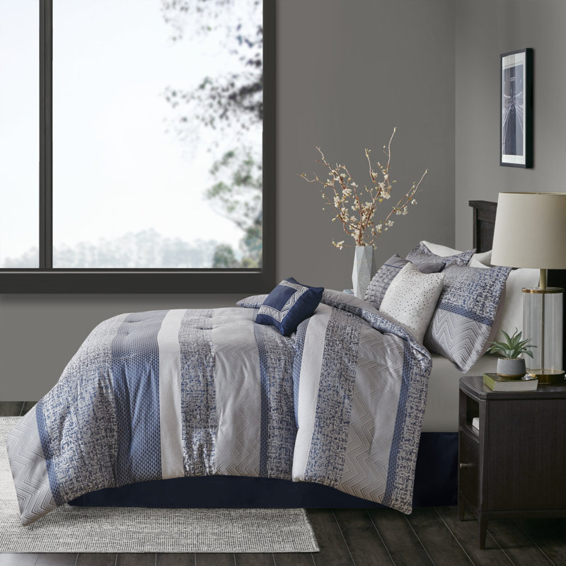 Rhapsody 7 Piece Jacquard Comforter Set, King Comforter + 6 Additional Pieces, Navy