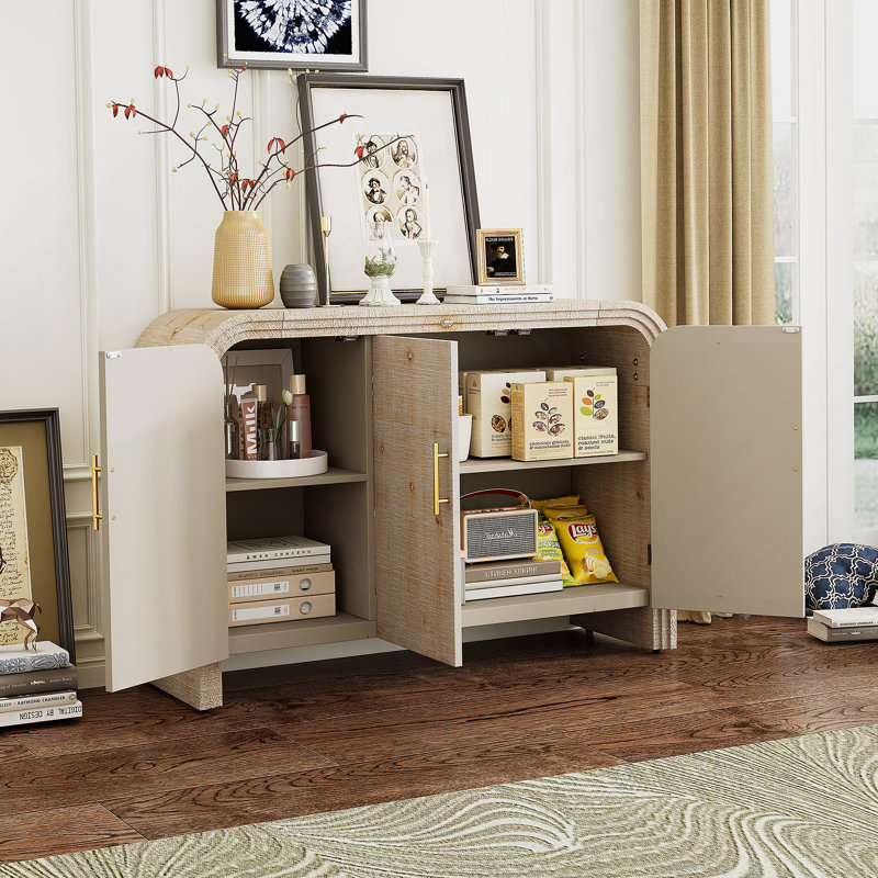 Retro Minimalist 3-door Curved Sideboard With Gold Handles And Adjustable Shelves, Natural Wood Wash