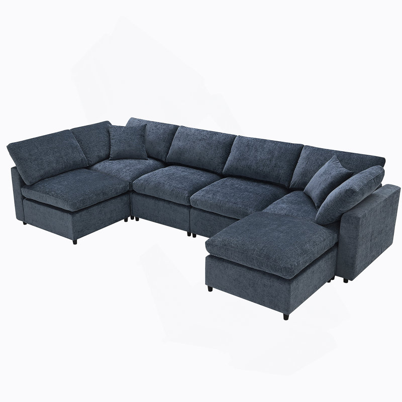 Canapé-lit modulaire moderne en nuage, canapé modulaire en chenille 6 places avec repose-pieds, combinaison gratuite, Bleu