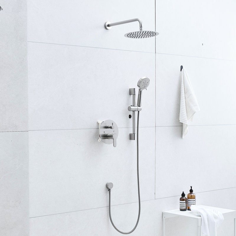 Robinets de salle de bain - Système de 10 pouces avec robinet mural noir mat, barre coulissante et robinet à main à 5 jets pour