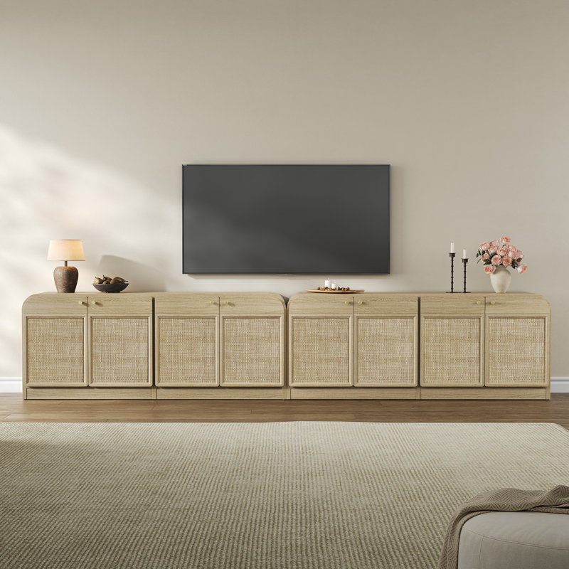 Consiglia Boho TV Stand for TVs Up To 65" with 4 Rattan Storage Cabinets, Greige Oak, 2