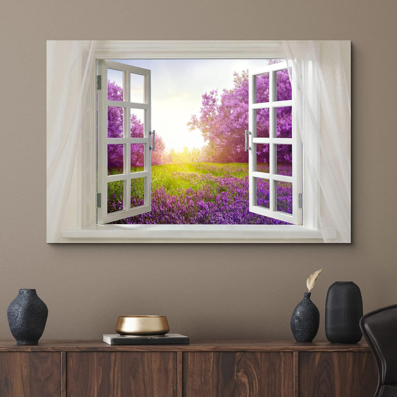 «Glimpse Into Beautiful Purple Landscape In Spring Open Window» sur toile, H 16 po x l 24 po