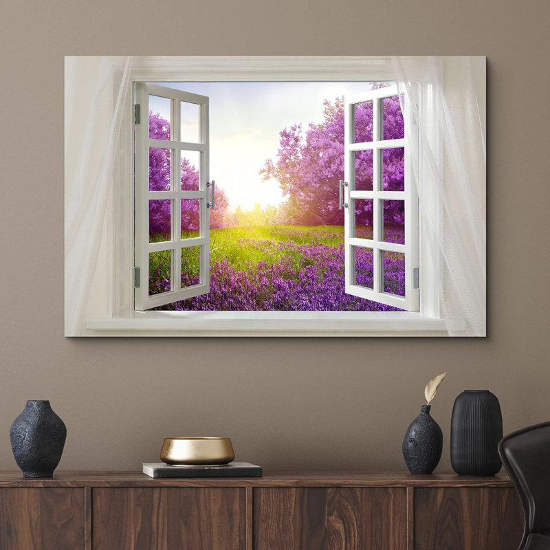 Wi Nature Scene " Glimpse Into Beautiful Purple Landscape In Spring Open Window ", 12" H x 18" W