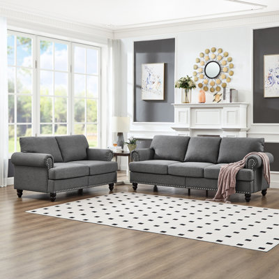 Salon 5 - avec siège de style classique et moderne, revêtement, décoration ronde, pieds en bois massif, housses de coussin amovibles, espace de rangement, revêtement en gris, coussins de cadre,