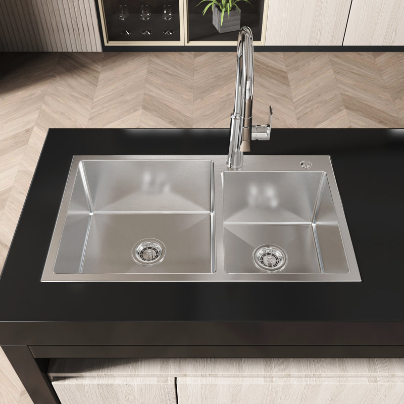 Évier de cuisine 32 po x 19 po x 10 po en acier inoxydable satiné, pour installation en surface - installation à double cuve, acier S304, style moderne, facile à nettoyer
