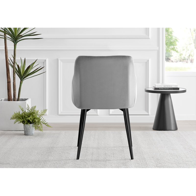 Bernell Modern Chrome Metal & Glass Round Dining Table Set with 6 Luxury Button Velvet Chairs, Grey/Black