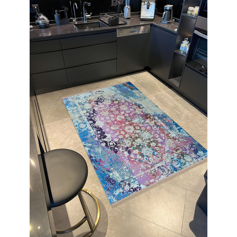 Tapis bleu à motif rétro rose Barcelona, Rectangle 4 pi 7,12 po x 6 pi 6,74 po