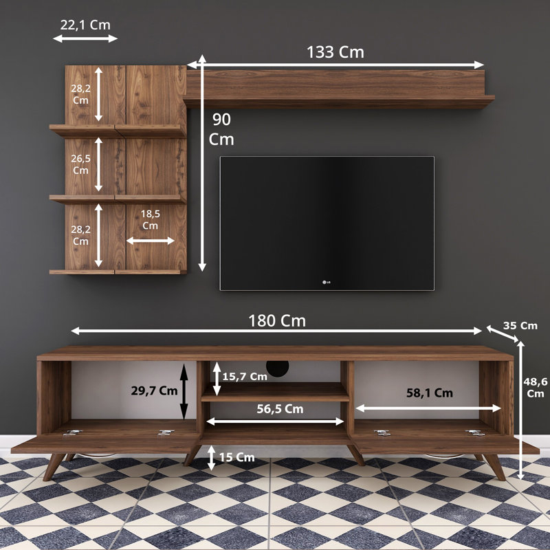 Husnu Entertainment Center for TVs up to 55", Walnut, 1 TV Stands, 1 Middle Shelf and 1 Large Shelf