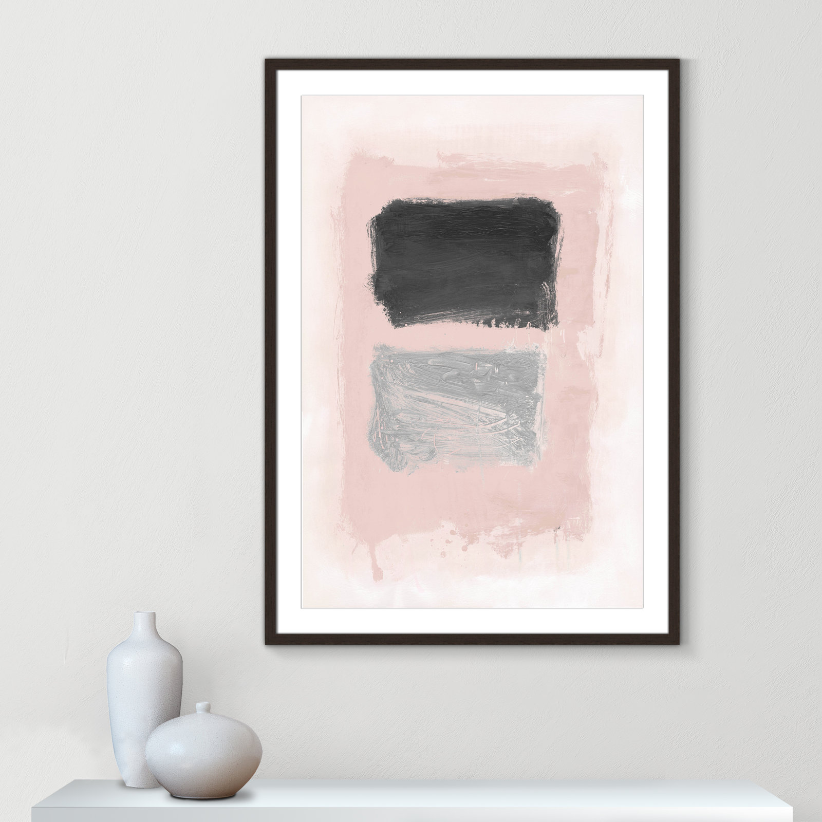 Pink, Black and Silver Shimmer I Print, 41.5" H x 29.5" W x 1.25" D, Walnut Matted Picture Framed