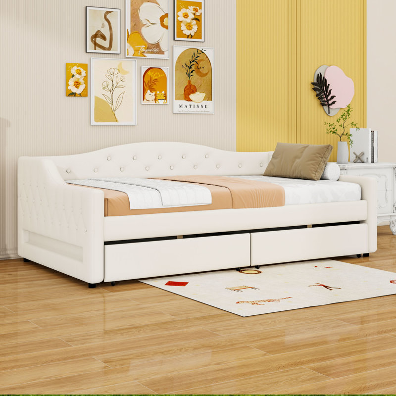 Twin XL Upholstered Daybed with Trundle and LED and 2 Drawers, Beige