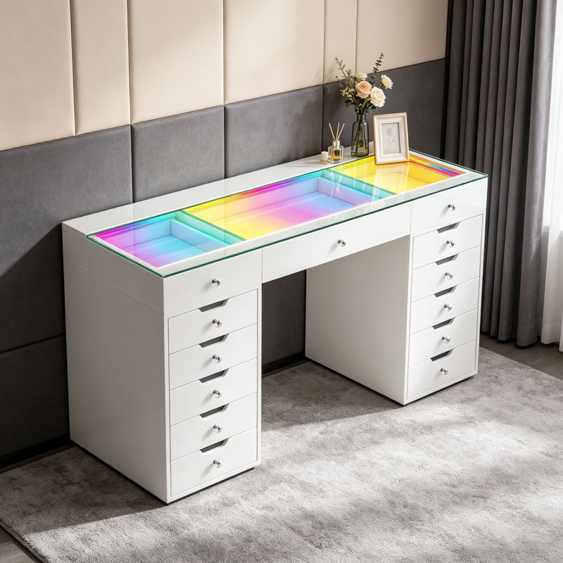 Makeup Vanity Desk HD Glass Top Built-in RGB Light Strips Large 13 Drawers Diamond Handles USB and Type-C, Light White