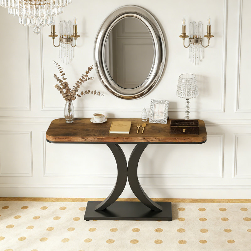 Narrow Entryway Foyer Table with Geometric Base, Rustic Brown & Black