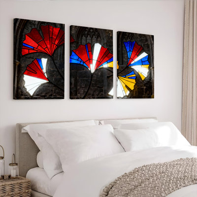 Stained Glass Window Abstract Canvas Wrapped Wall Art, Modern Religious Art Print (Set of 3)