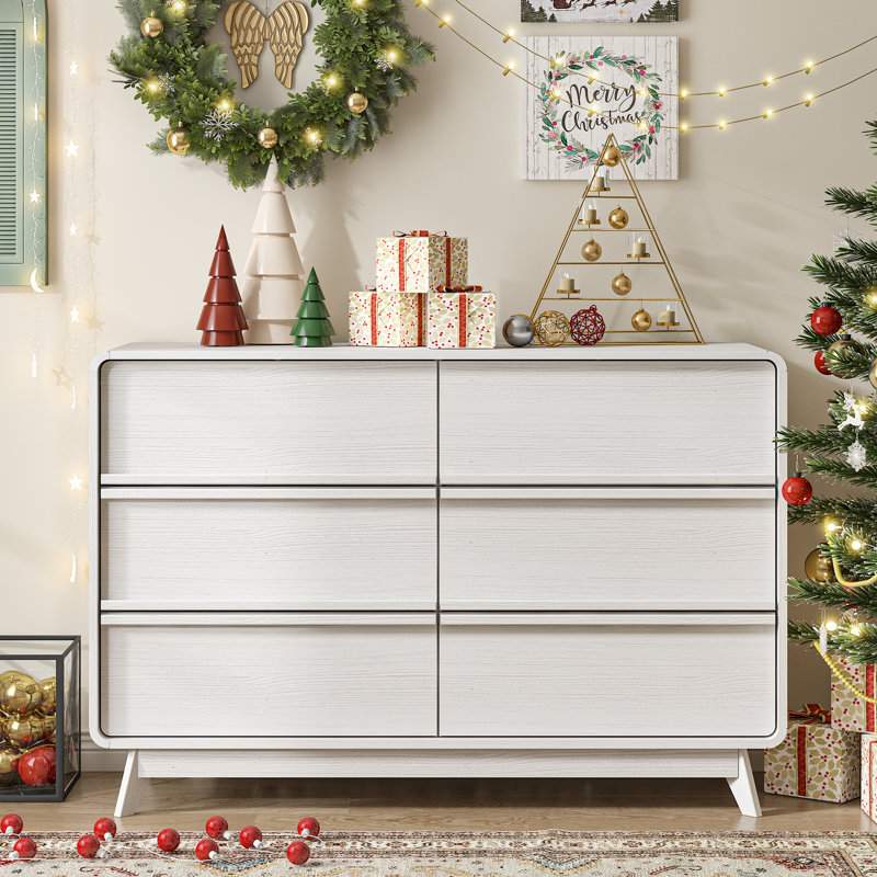Commode 6 tiroirs avec commode double de 49 po avec rebords arrondis, commode de chambre à coucher, commode