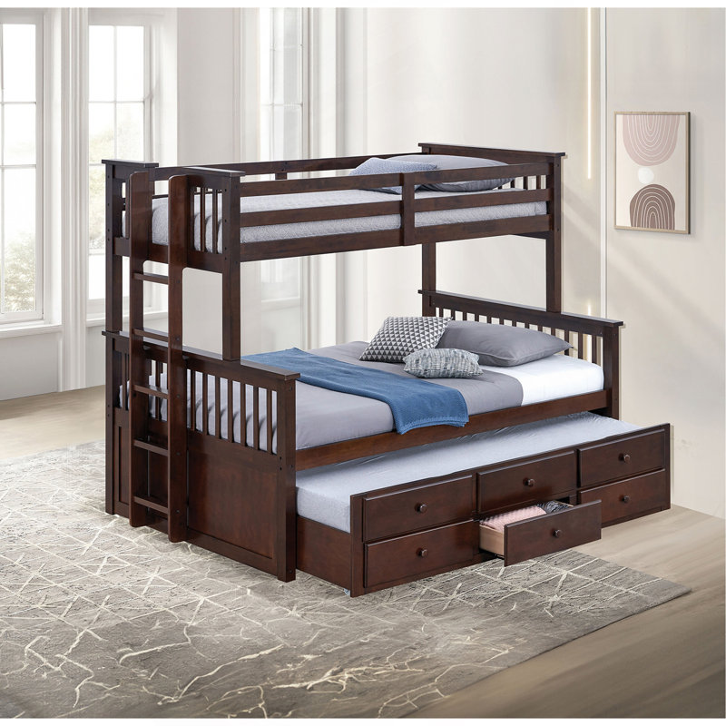Lit superposé simple au-dessus d'un lit double transitionnel avec échelle et tiroirs sous le lit, Noyer foncé