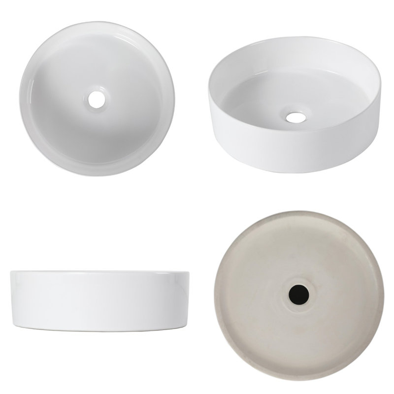 Beingnext 15.71'' Ceramic Circular Semi-Recessed Vessel, Trough, Vessel Bathroom Sink, Glossy White, Glossy White