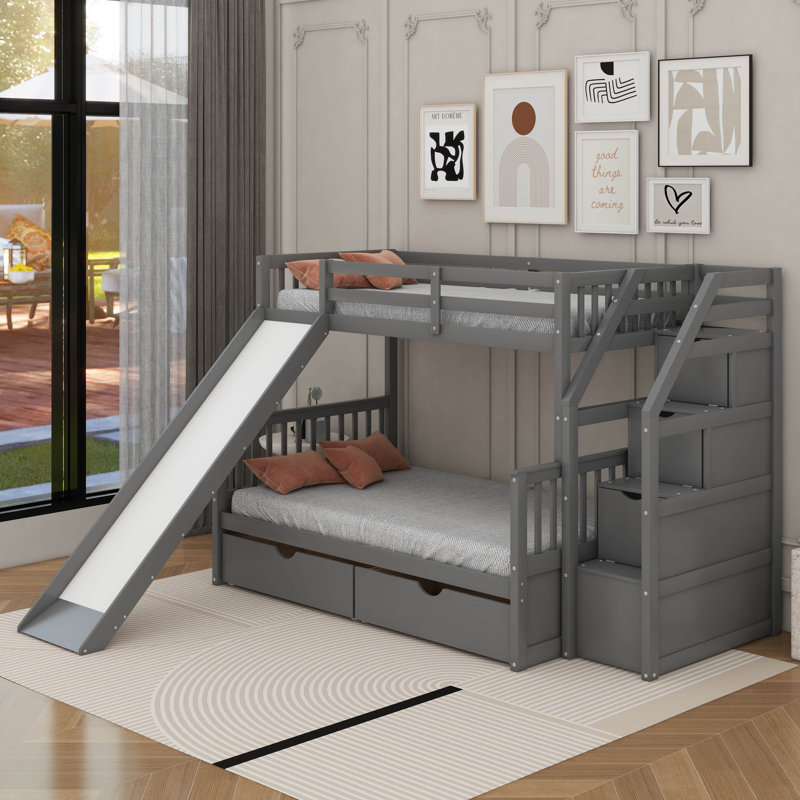 Lit simple superposé au dessus d'un lit double avec tiroirs, gris