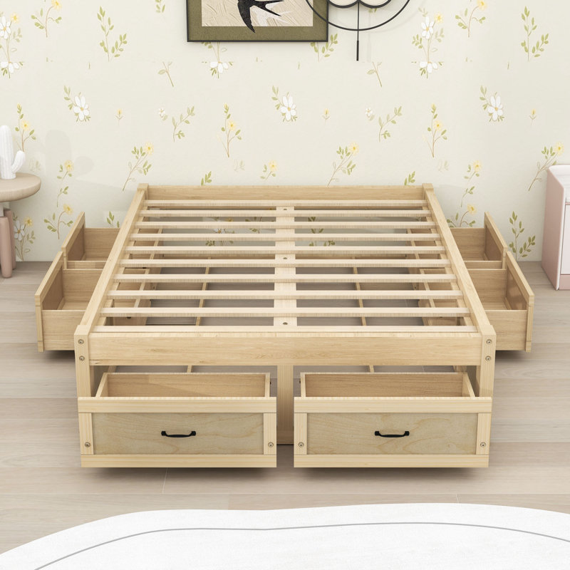 Wooden Platform Bed with 6 Drawers, Full, Antique Natural