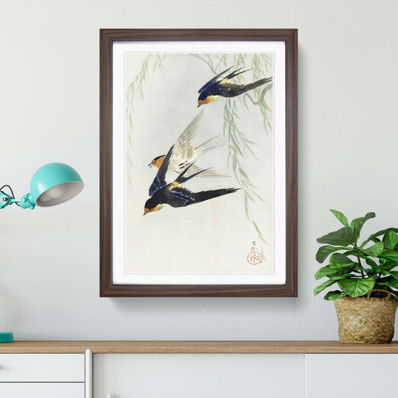 Swallows in Flight by Ohara Koson - Picture Frame Art Print on MDF, 36cm H x 27cm W x 2cm D, Walnut Framed