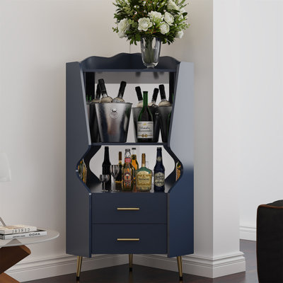 Bar en bois avec 2 tablettes de rangement ouvertes et 2 tiroirs