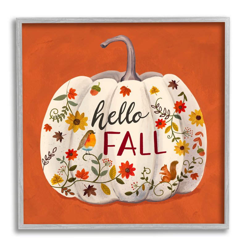 «Hello Fall» à motifs de citrouilles blanches, botaniques, encadré noir, art texturé par Sharon Lee