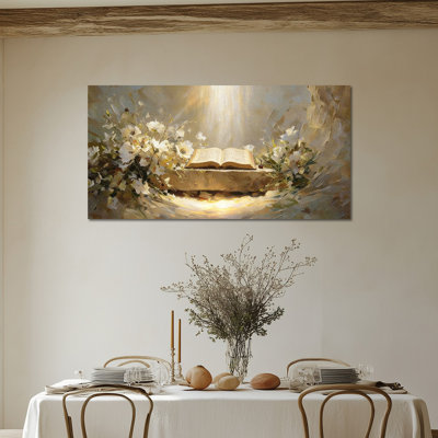 Pâques Crabill - décoration murale en toile spirituelle avec livre ouvert et motif floral, œuvre d'art religieuse pour le salon, impression sur toile encadrée de Pâques, 12 po x 24 po