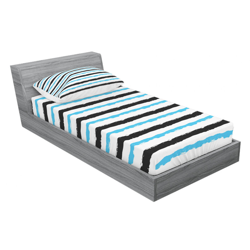 Microfiber Striped Sheet Set, Twin XL Sheet Set + Fitted Sheet + 2 Pillowcases, Blue/Black/White Striped