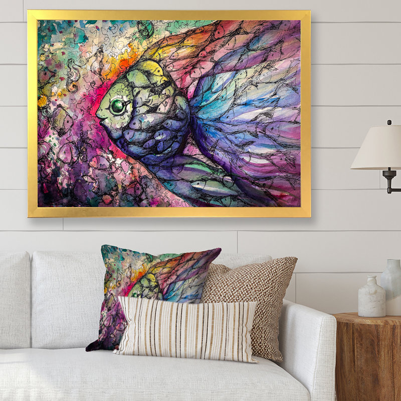 «Purple Fish», reproduction d'art sur toile traditionnelle, H 34 po x l 44 po x P 1,5 po, Cadre doré