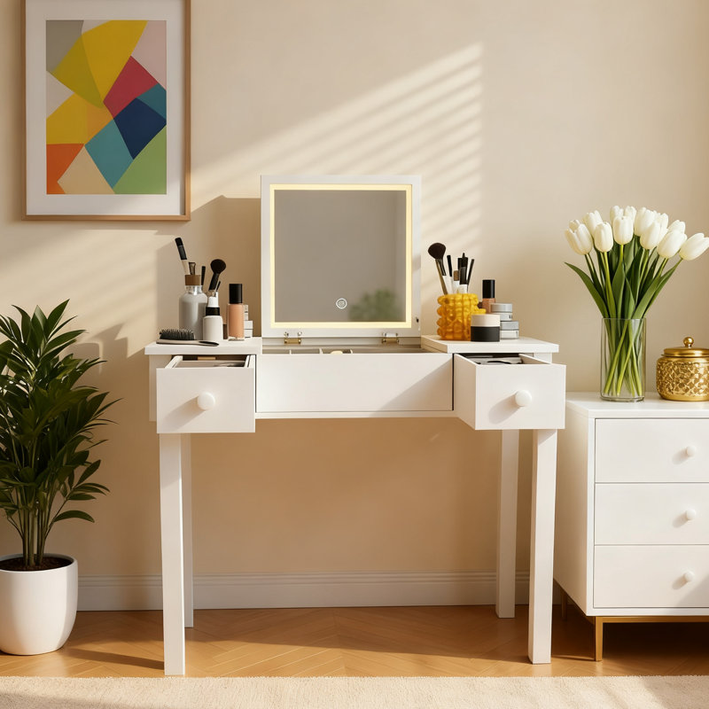 Baloye Makeup Vanity With Flip-top Mirror And 3 Modes Adjustable Brightness Light, White