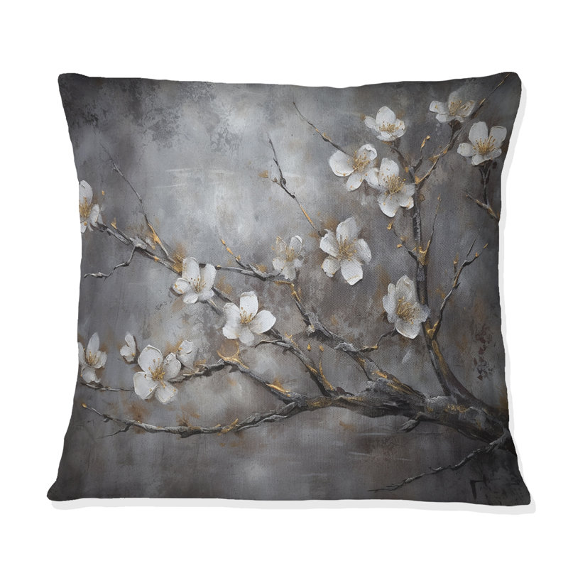 Coussin décoratif à imprimé floral blanc et gris Cherry Blossom II