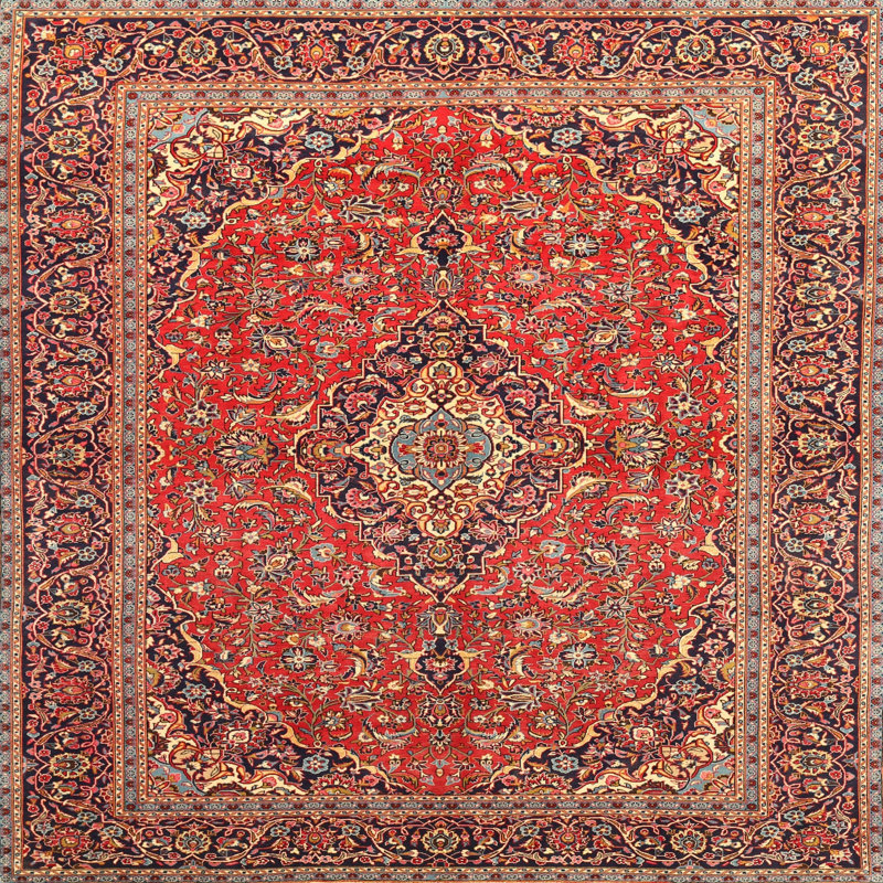 Tapis rouge/beige/noir traditionnel ooper, Carré 6 pi