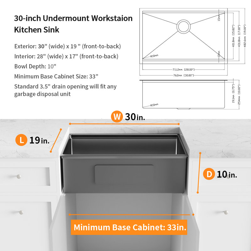 All in One Black Faucet, Gunmetal Black 304T Single Bowl Undermount Workstation Kitchen Sink, 30 x 19
