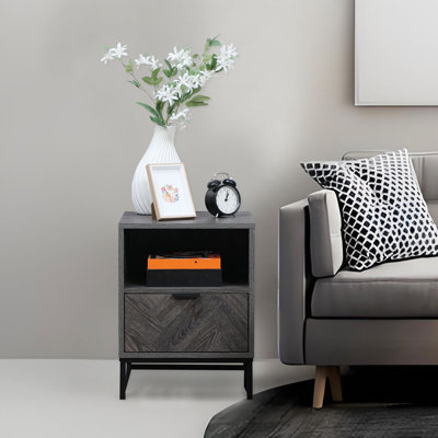 Katelee Bedside Table with Drawer, Shelf, Steel Legs, Dark Grey