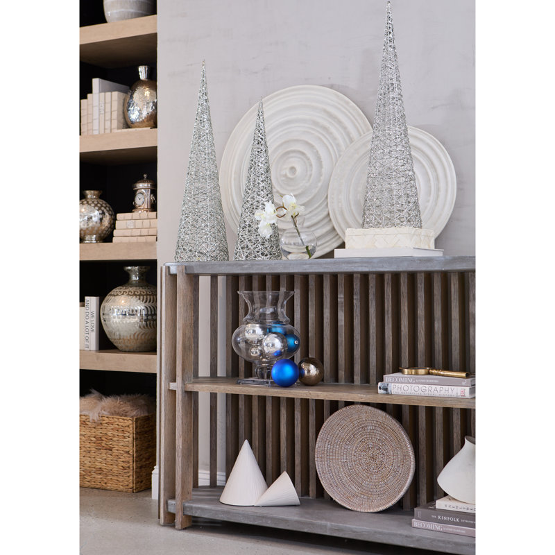 Beige and Gray Wood Slat Display Console with Concrete Top