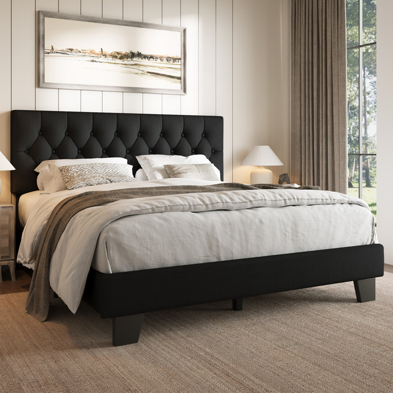 Queen Upholstered Bed Frame with Headboard, Button Tufted Linen Bed Base, Platform Bed with Wood Slat, Heavy Duty, Easy Assembly, No Box Spring Needed,Black