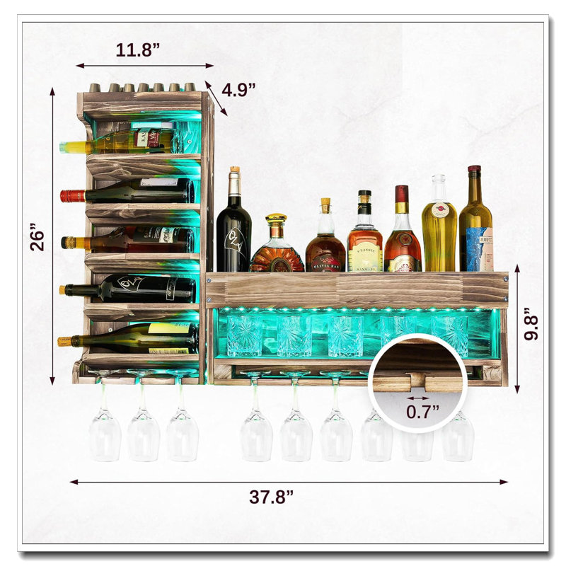 Support à vin mural en bois rustique - avec lumière DEL, porte-verres à pied et rangement en liège, présentoir pour boissons alcoolisées (bar / cuisine à domicile)